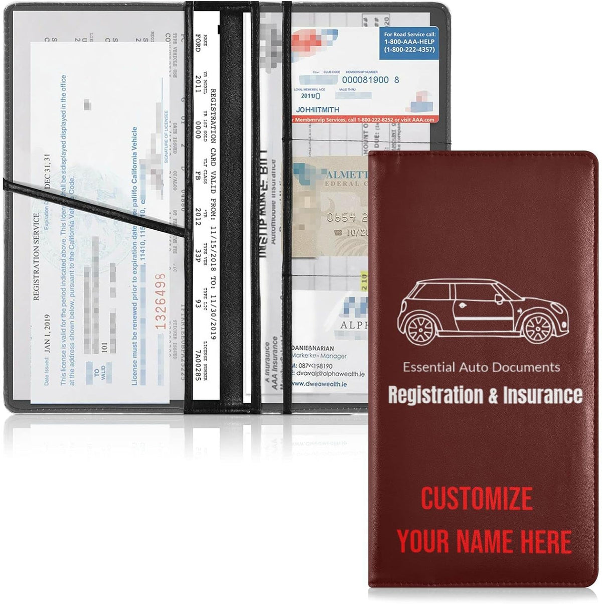 Custom Car Registration and Insurance Card Holder Personalized Leather Glove Box Organize Men Women Wallet Accessories Case for Cards, Essential Document Driver License Burgundy