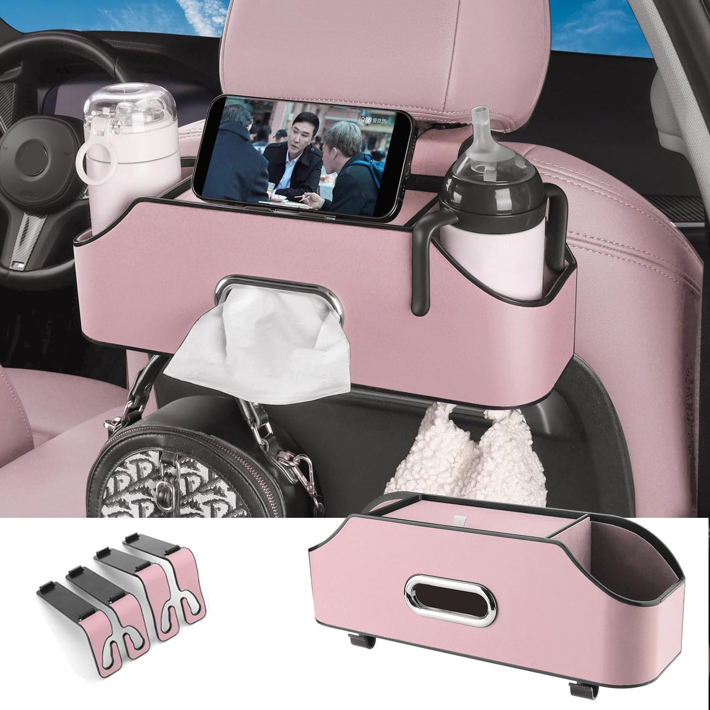 HOLDCY Car Back Seat Organizer with 2 Drink Cup Holder - Tissue Box and Storage Box Hook - Multi-functional Storage - Great for Kids and Travel (Beige)