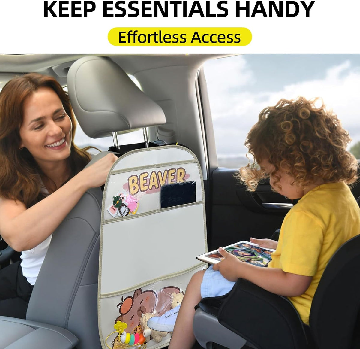 kids Leather Car Backseat Organizer with Foldable Table Tray, Car Storage Organizer with Tablet Holder, Car Seat Back Protectors Kick Mats, Travel Accessories (Capybara)
