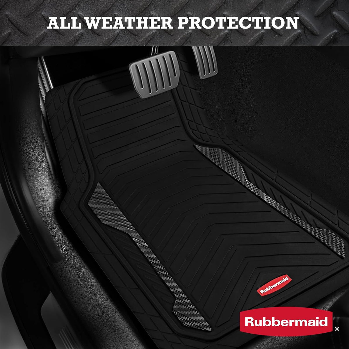 Rubbermaid Car Floor Mat, Heavy Duty All-Weather Car Mats Full Set with Dual-Tone Black Aluminum Inserts – Universal Fit, Anti-Slip Backing, Trim-to-Fit for Most SUV, Sedan, Van