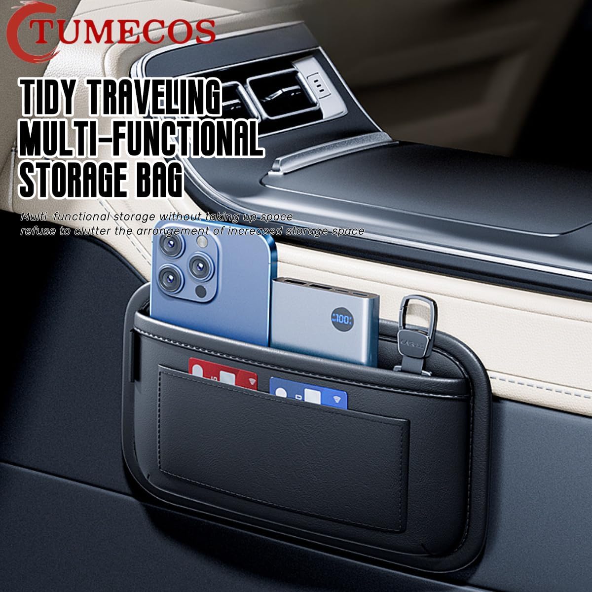 Tumecos Car Storage Bag, Leather Small Debris Organizer ,Hanging Cell Phone Mobile Paste Type Bag for Stowing Tidy, Universal Accessories（BlackA-1pcs）
