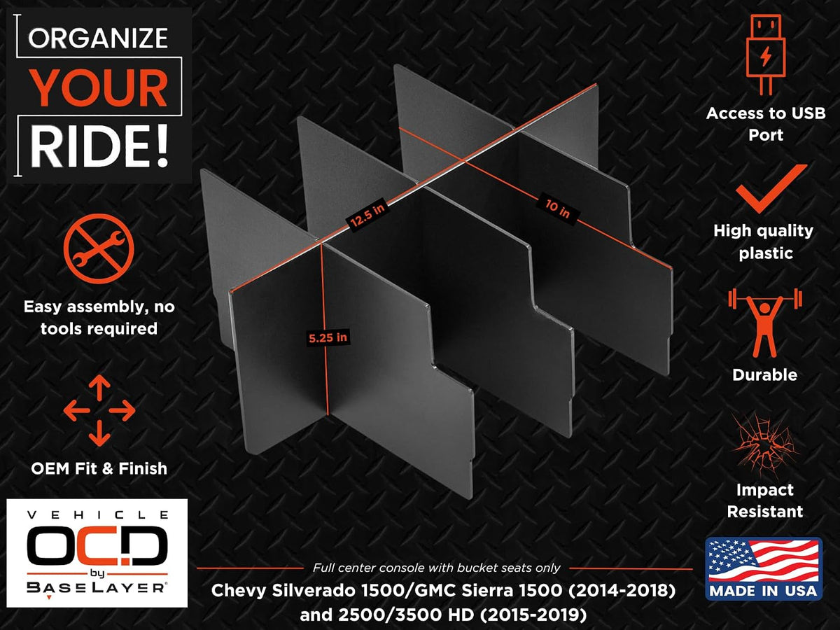 Vehicle OCD Center Console Organizer for Chevy Silverado 1500 / GMC Sierra 1500 (2014-18) & 2500/3500 HD (2015-19) (Full Console w/Bucket Seats ONLY) - Made in USA - SLX115