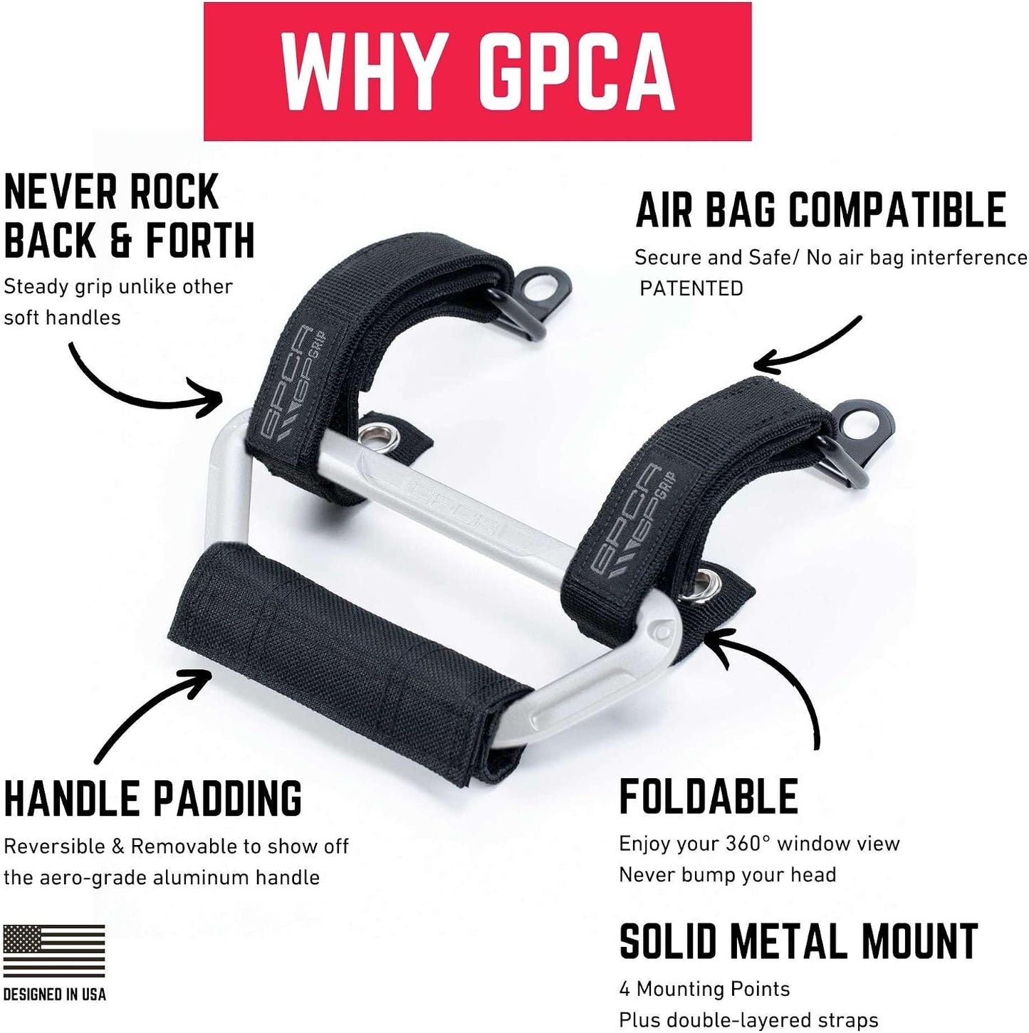 GPCA GP Grip Air Grab Handles Designed for 2024, 2025, 2026 Jeep Wrangler JL, JT & Jeep Gladiator 4xe w/Airbag Compatible - Aero-Grade Aluminum, Patented Foldable Design, Easy Installation