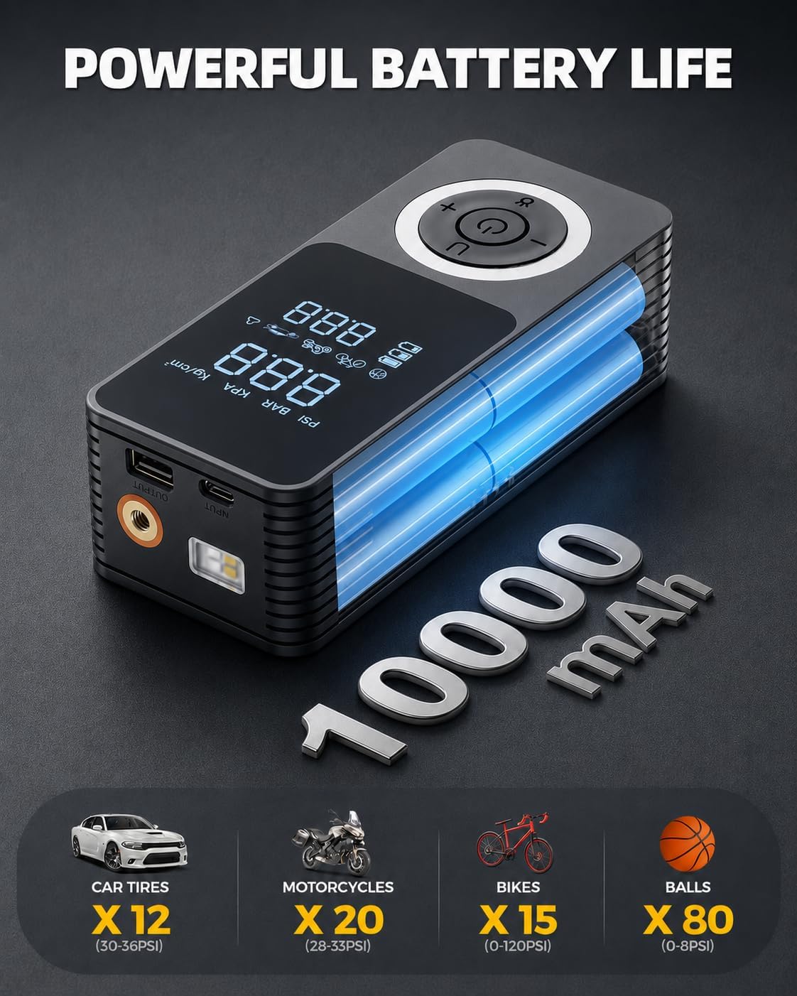 2026 Upgraded Tire Inflator Portable Air Compressor with 3X Fast Inflation, Auto Shut-off, LED Light, Type-C Charge, Long Runtime, 12V Car Power Adapter, Storage Box