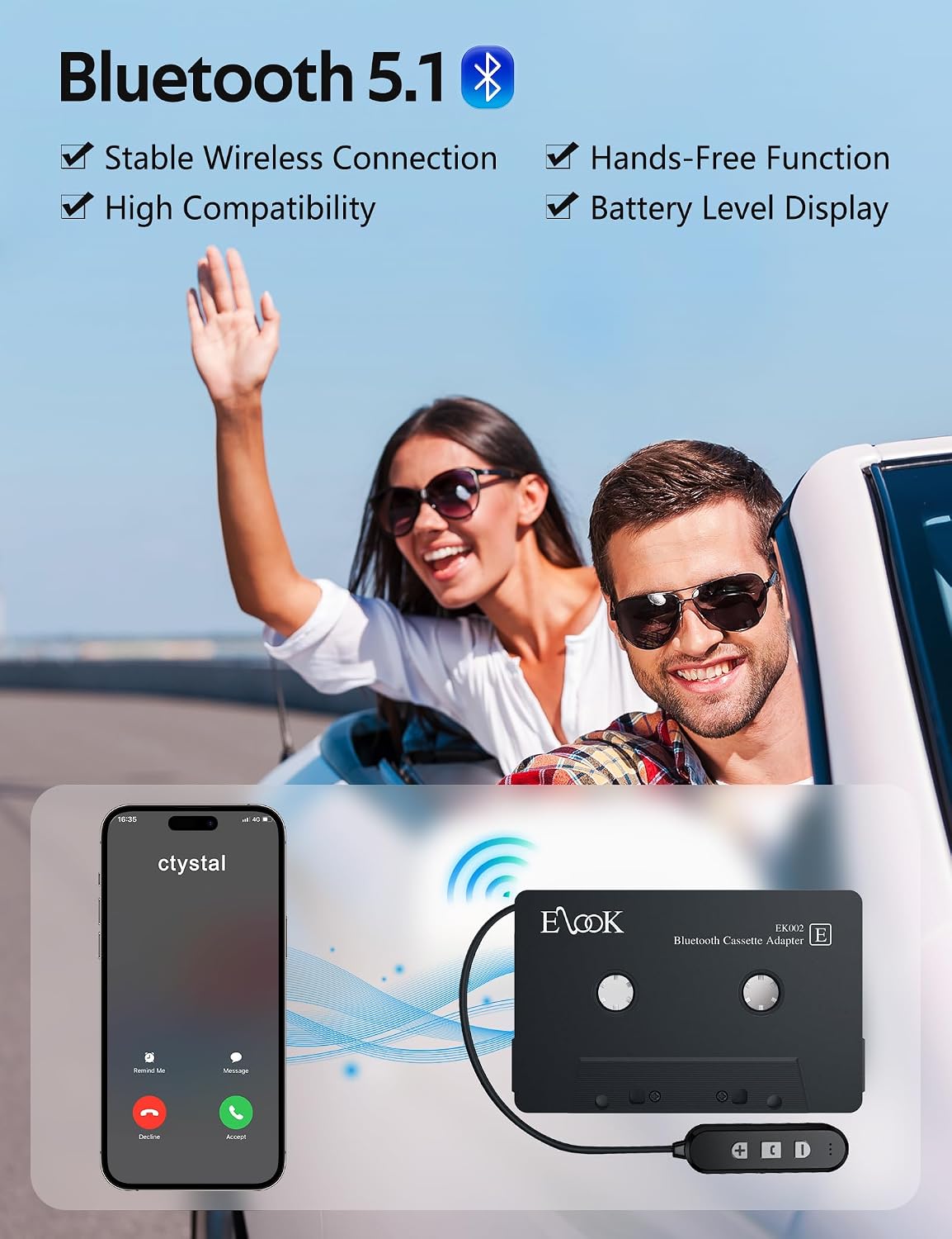 Elook Cassette to Bluetooth Adapter for Car with Micro SD Card, Black