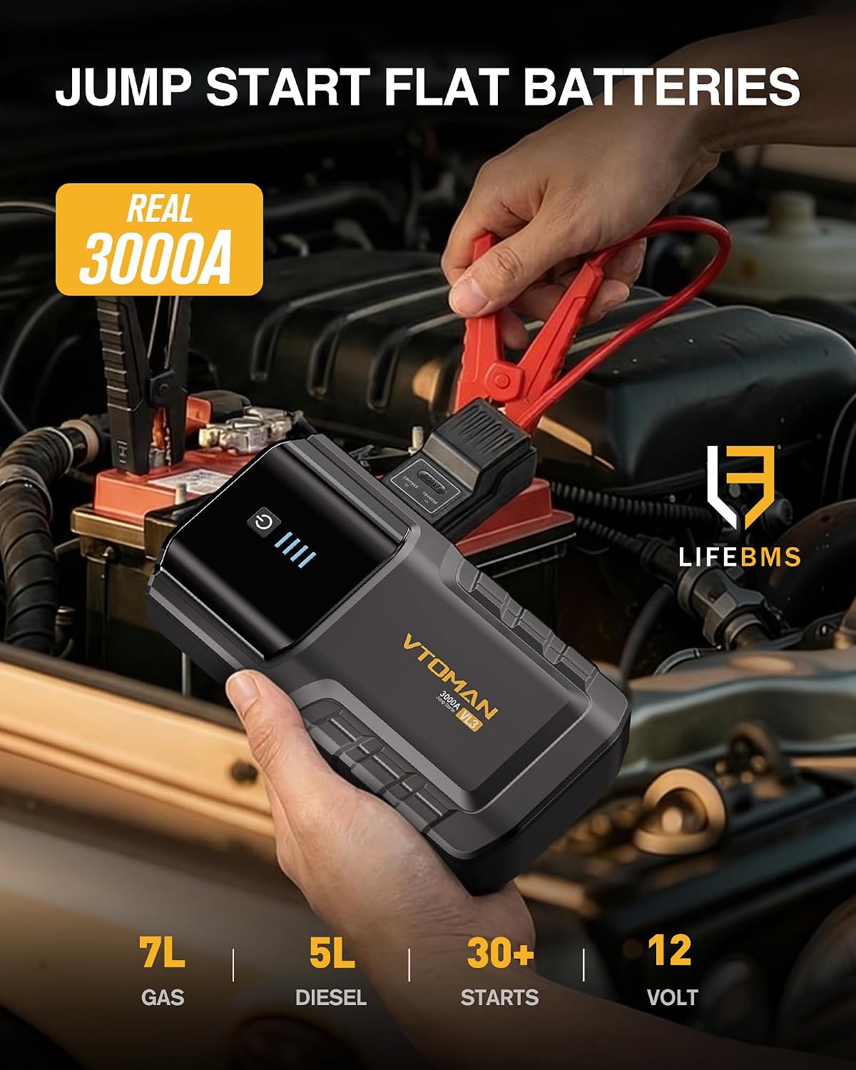 VTOMAN VL3 3000A LiFePO4 Portable Jump Starter for Up to 7L Gas & 5L Diesel