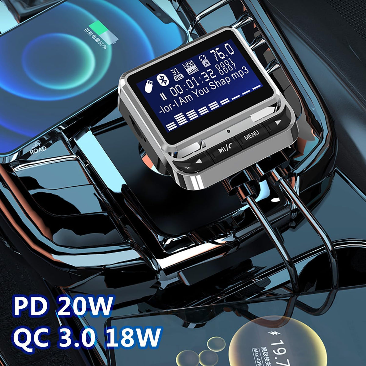 Bluetooth FM Transmitter for Car, Wireless Radio Adapter, 38W [PD 20W + QC 3.0], Handsfree Auto Kit with Remote Control, MP3 Music Player Support Siri Google Assistant U Disk/TF Card/Aux