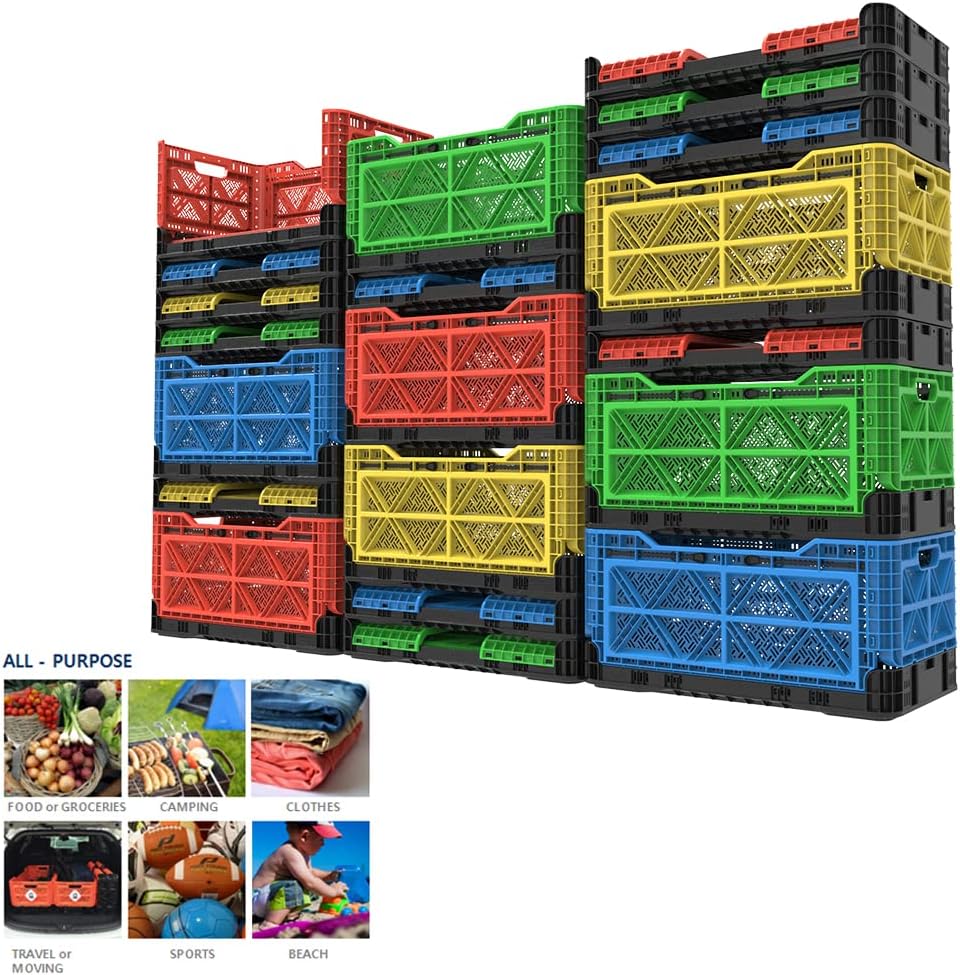 Bigant Heavy Duty Collapsible & Stackable Plastic Milk Crate - Snap Lock Foldable Industrial Garage Storage Bin Container Utility Tote Basket (Black, 1 Medium Crate)
