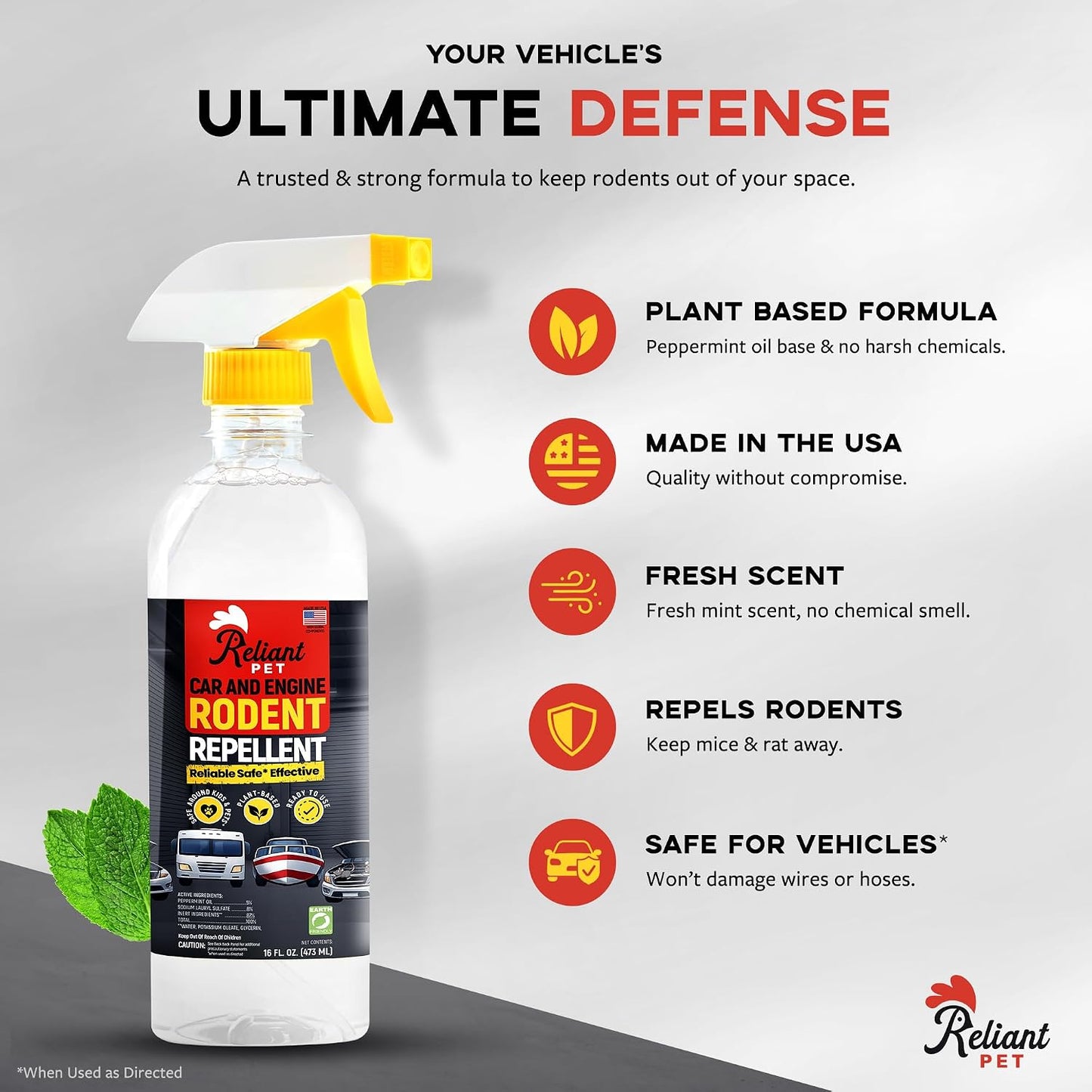 Rodent Repellent for Car Engines – Peppermint Oil Spray, 16 oz – Mouse & Rat Deterrent for Vehicle Engines, RVs, Trucks, Boats & ATVs – Plant-Based, Extra-Strength Formula