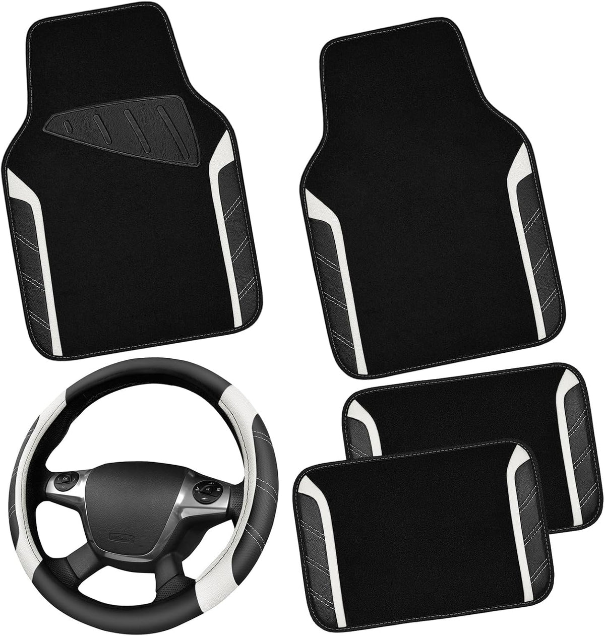 CAR PASS Leather Steering Wheel Cover and Waterproof Car Floor Mats,Microfiber Universal Car Combo Fit for 95% Sedan,SUV,Cars,14.5-15inch Sporty Anti-Slip Safety Comfortable Design(Carbon Fiber Black)