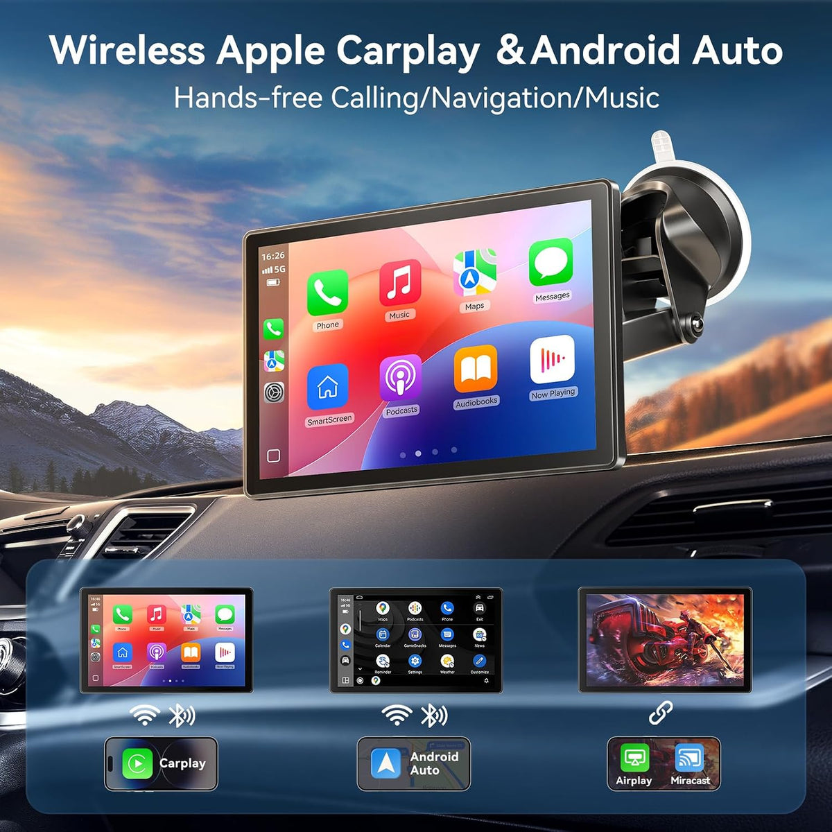 8.9" Wireless Carplay Screen for Apple CarPlay&Android Auto,4K Dash Camera