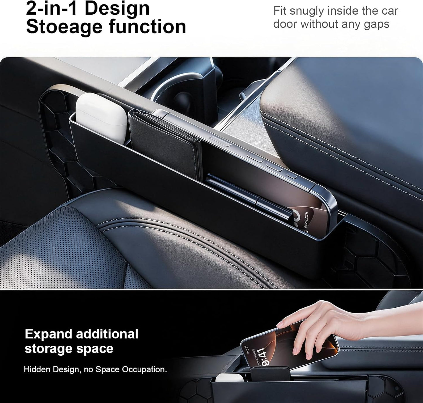 2-in-1 Car Steering Wheel Desk Tray & Car Seat Gap Filler Organizer – Silicone Look Table for Laptop, Eating Food, Writing – Work Road Trip Essentials Accessories (Black)