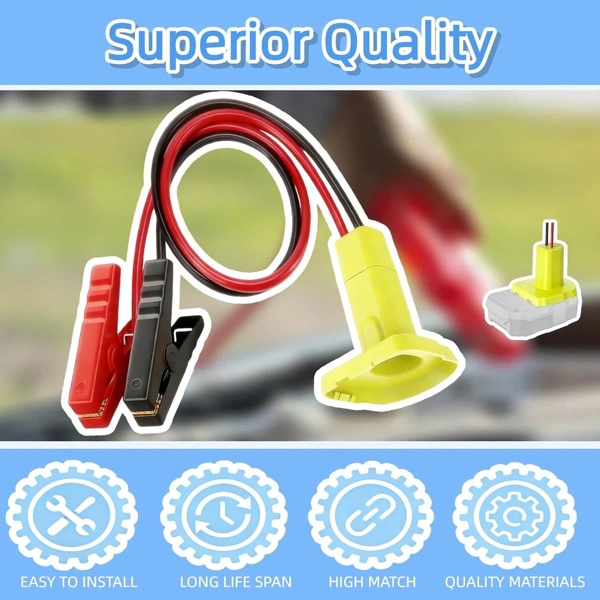 2FT Portable Jumper Starter Cable Adapter Compatible with Ryobi 18V Battery, 12AWG Automotive Booster Power Cord for Car and Light Vehicle Jump Starting