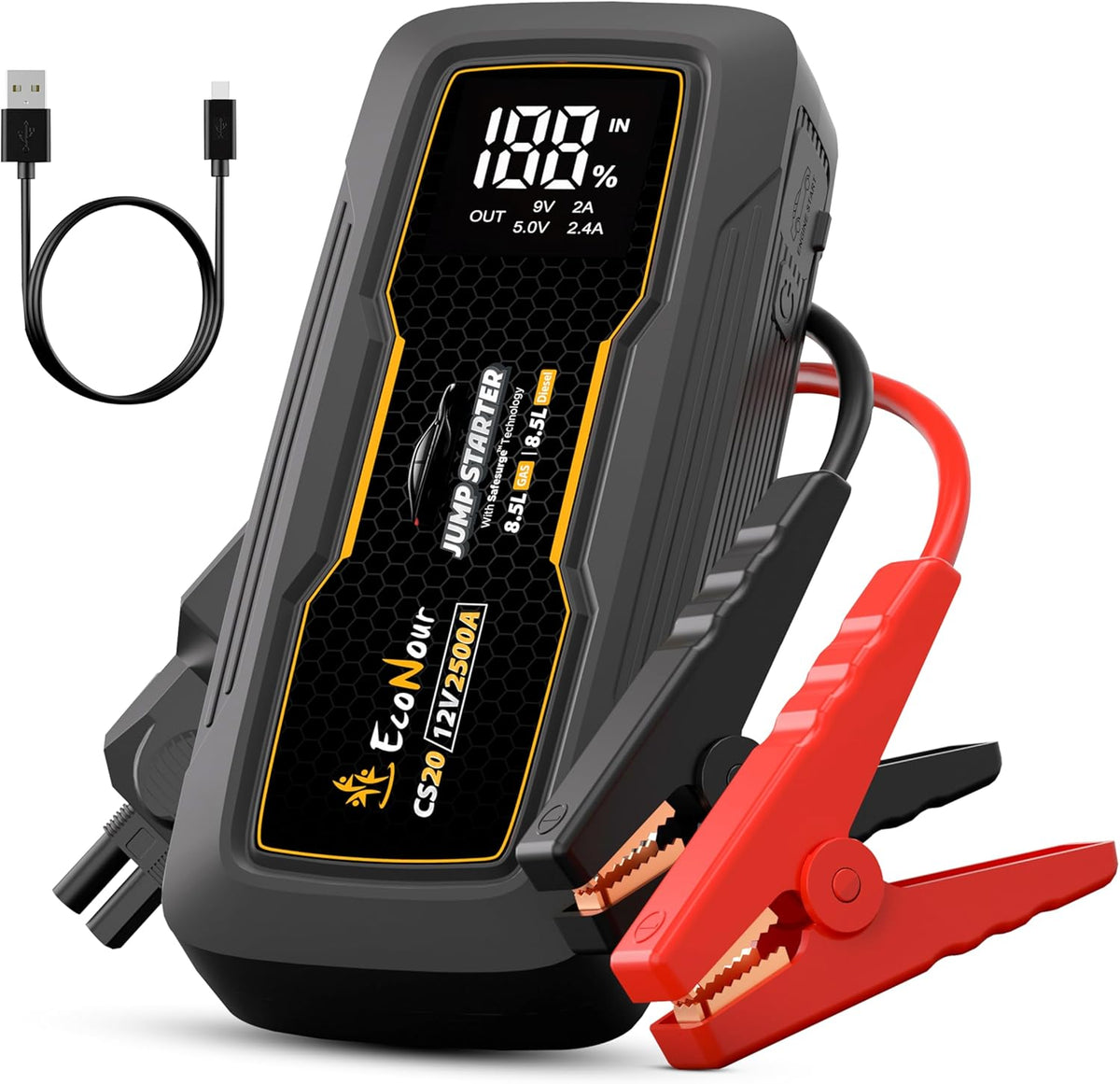 EcoNour 2500A Car Battery Jump Starter 12V Battery Booster Pack Up to 8.5L Gas & 8.5L Diesel Engines – Jump Box with Jumper Cables, USB Charger, LCD Display, LED Flashlight – for Cars, SUVs, Trucks