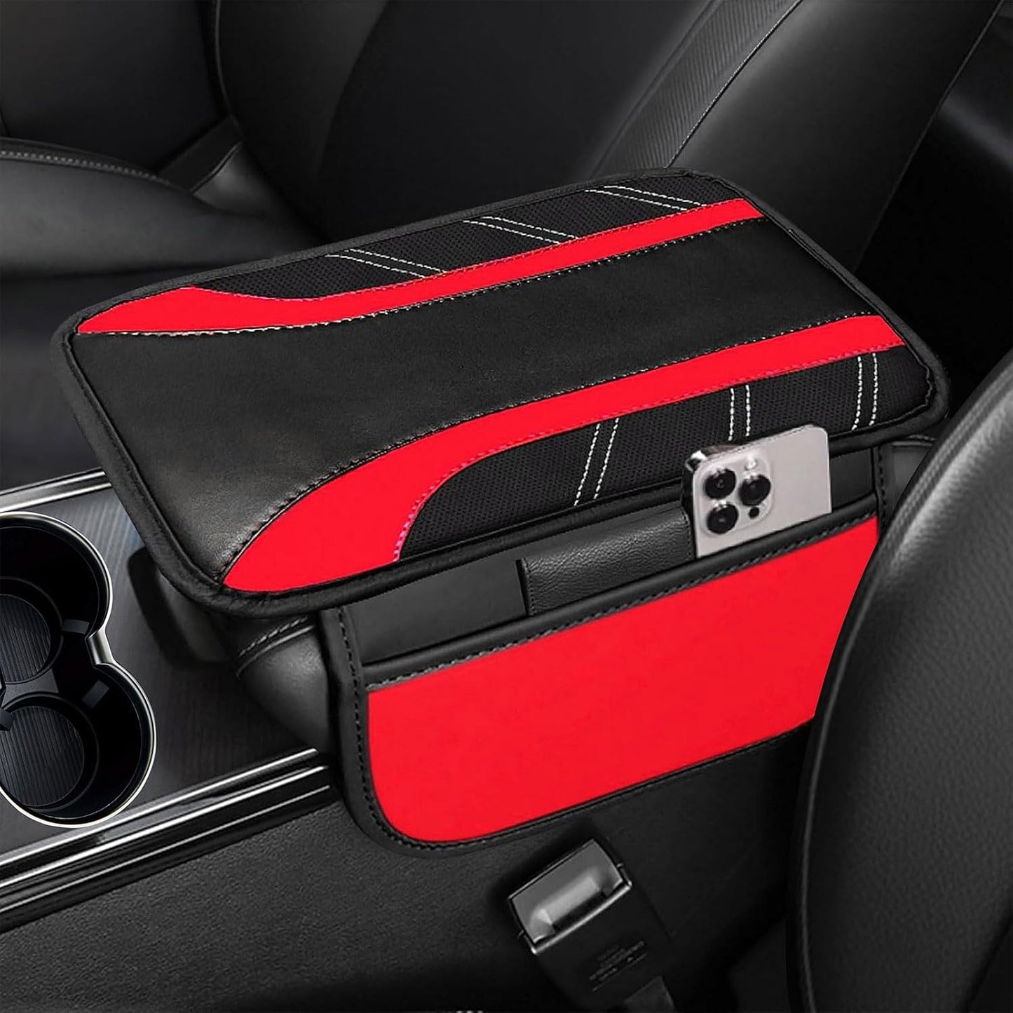 NBTEPEM Red Center Console Cover, Sporty Leather Armrest Cover Cushion with 2 Storage Pockets, Universal Auto Middle Console Protector, Car Interior Accessories for Most SUV, Truck, Sedan Vehicles