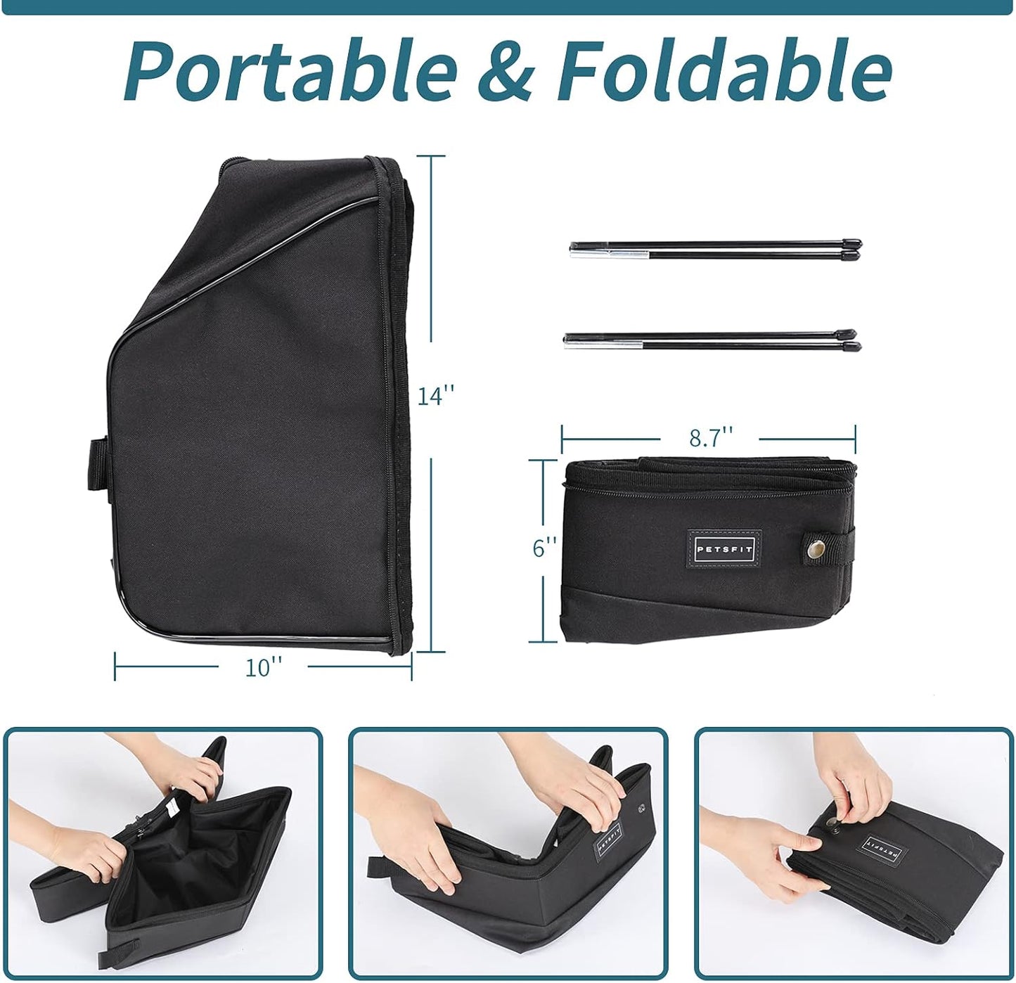 PETSFIT Portable Travel Cat Litter Box – Collapsible, 2-Layer Leak-Proof Washable Liner with Sturdy Support Frame, for Hotel/Car/Camping, Cat Travel Essentials for Kitty/Medium Cats Solid Black
