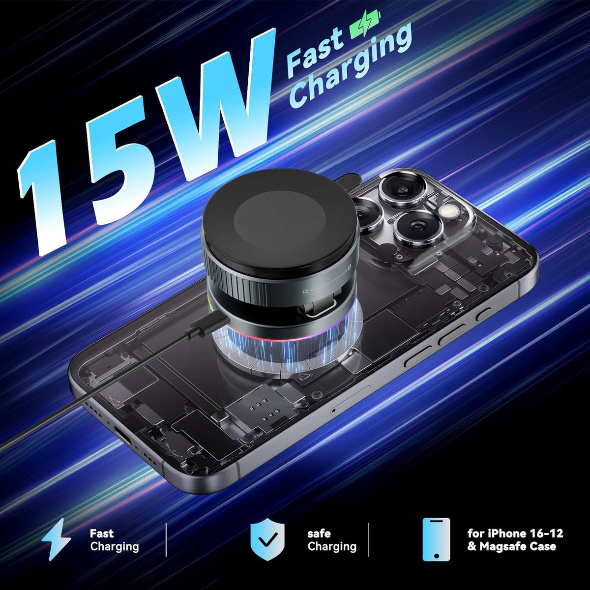 CloudValley 15W Wireless Charger Magnetic Car Phone Holder with RGB Light