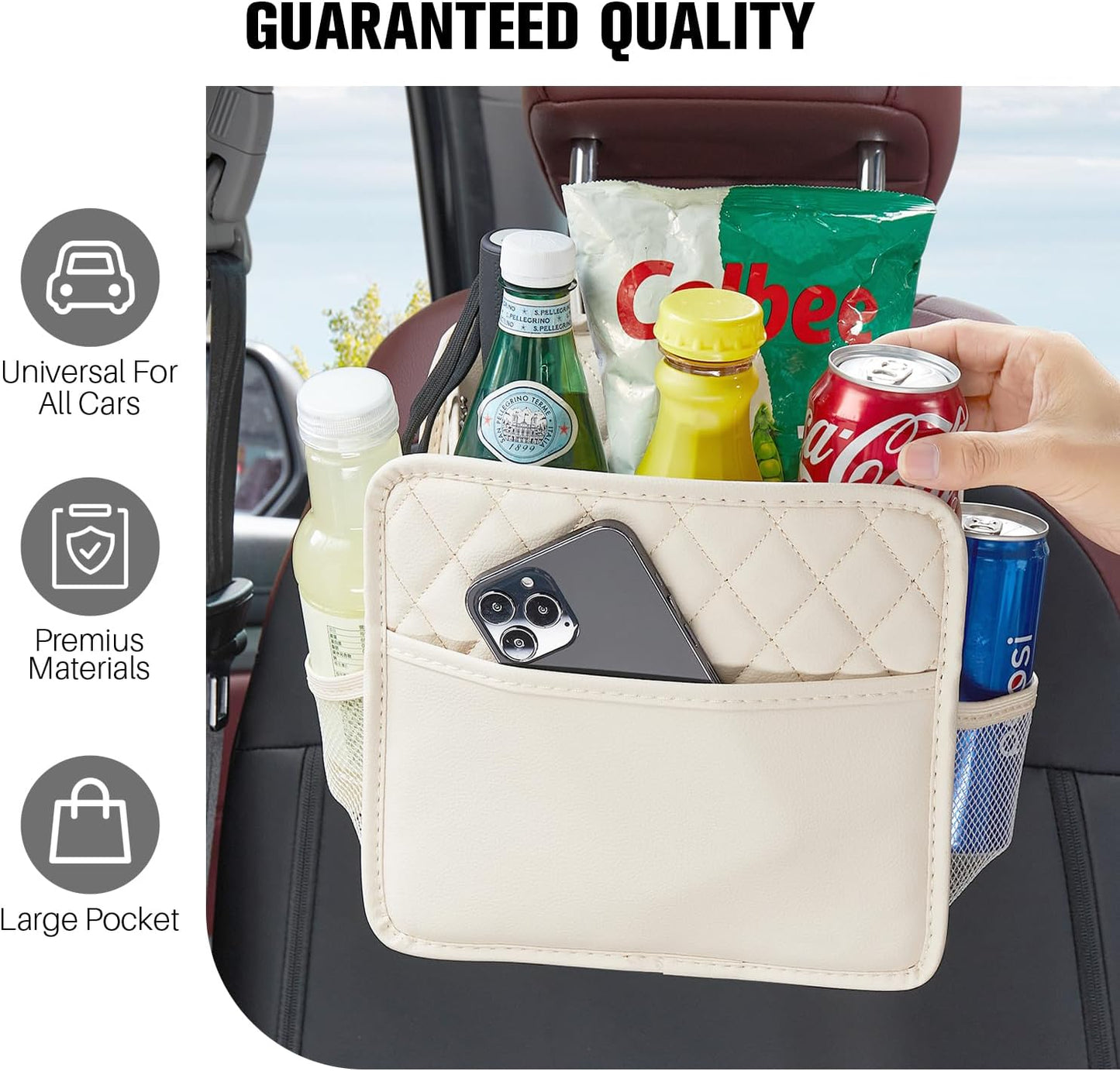 LXUNYI Back Seat Car Organizer, Large Car Seat Organizer with Cup Holders Multifunctional Over the Car Seat Organizer Backseat Hanging Leather Car Seat Organizers and Storage Bags(Beige 1Pack)
