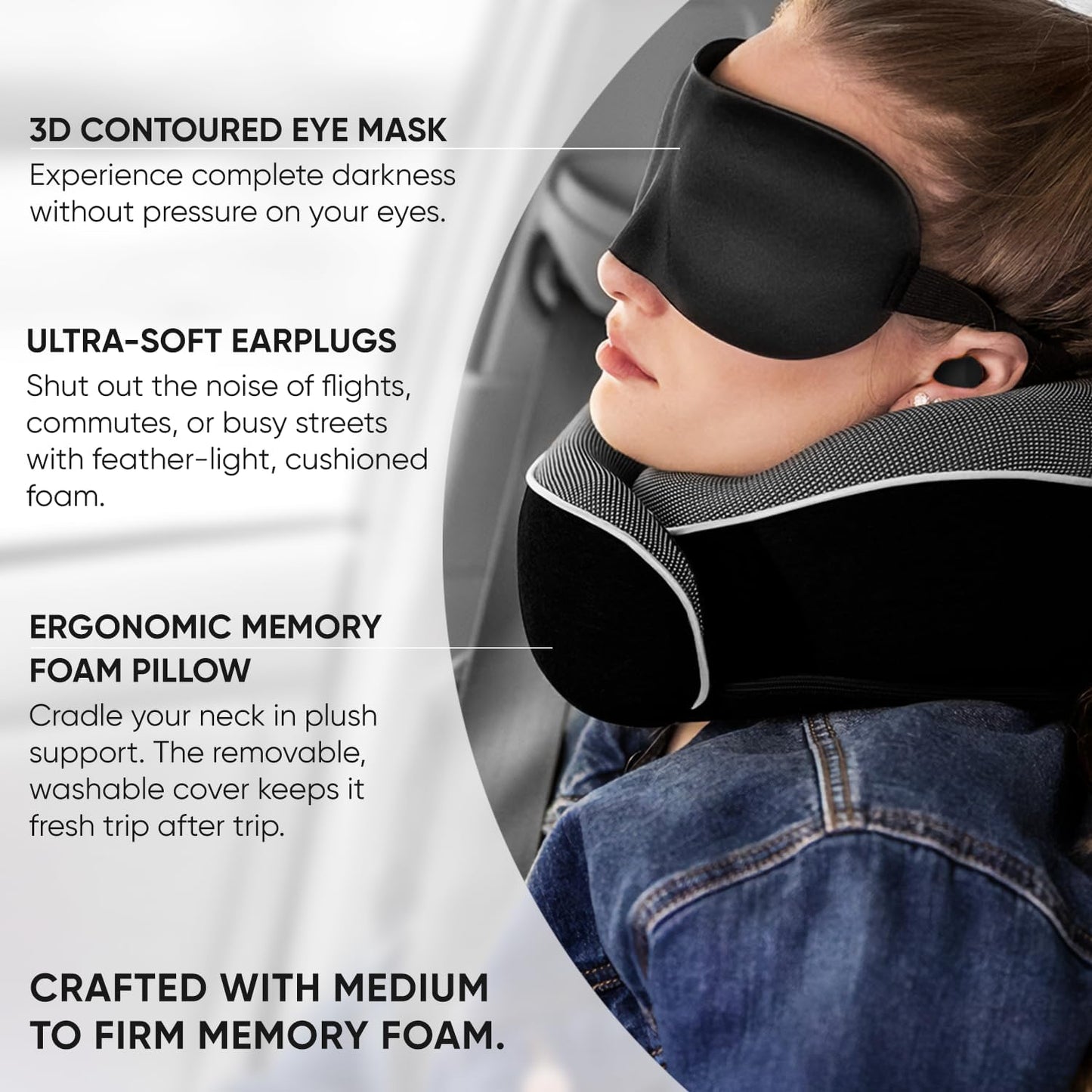 Proglobe Orthopedic Neck Pillow, Travel Neck Pillows for Airplanes, Memory Foam Kit, 360° Head Support, Airplane Pillow Set with 3D Contoured Eye Masks, Earplugs, and Luxury Mesh Bag (Black)