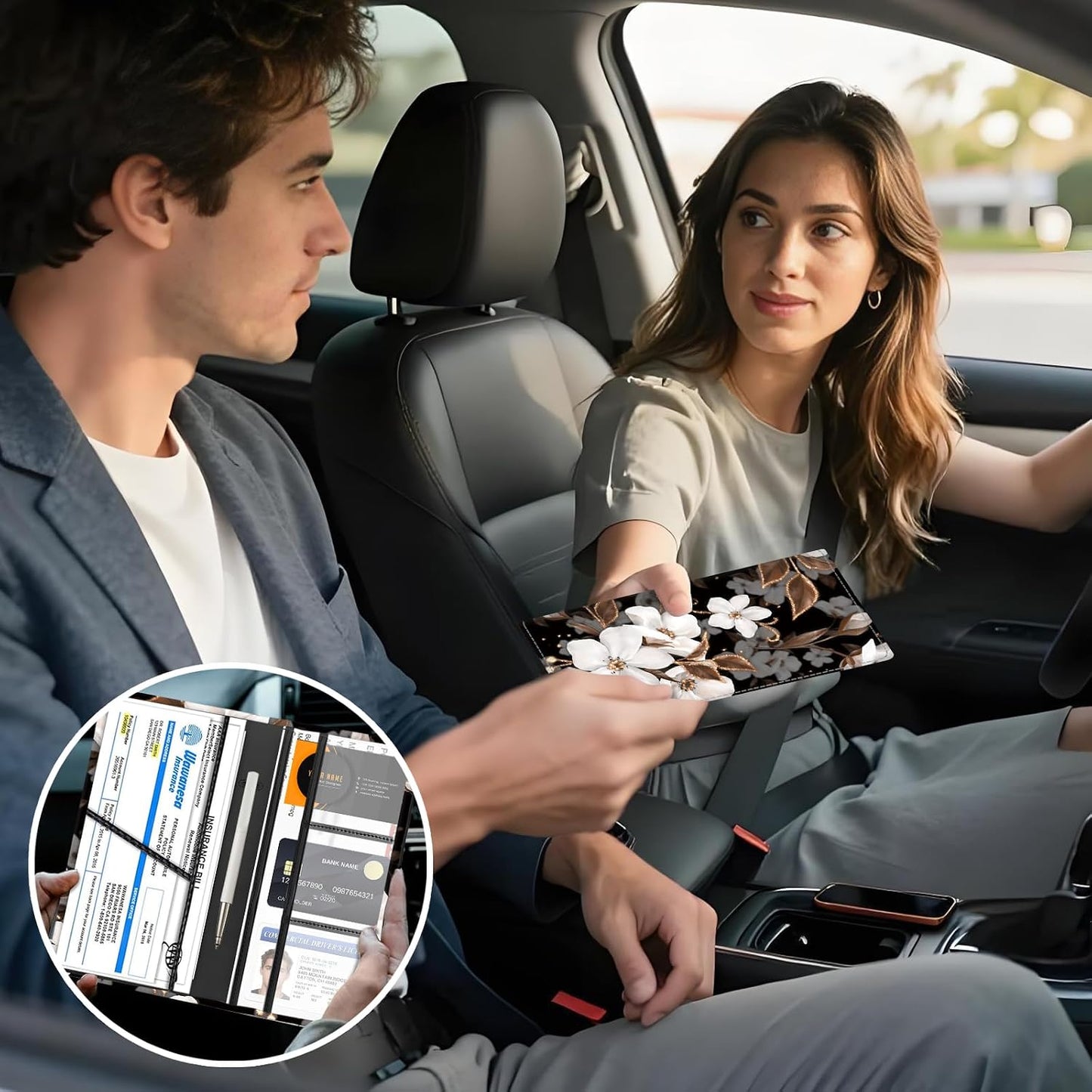 Car Registration and Insurance Holder with Magnetic Shut, Cute Vehicle Glove Box Car Organizer, Premium Interior Car Accessories for Women Men Luxury Boho Flowers