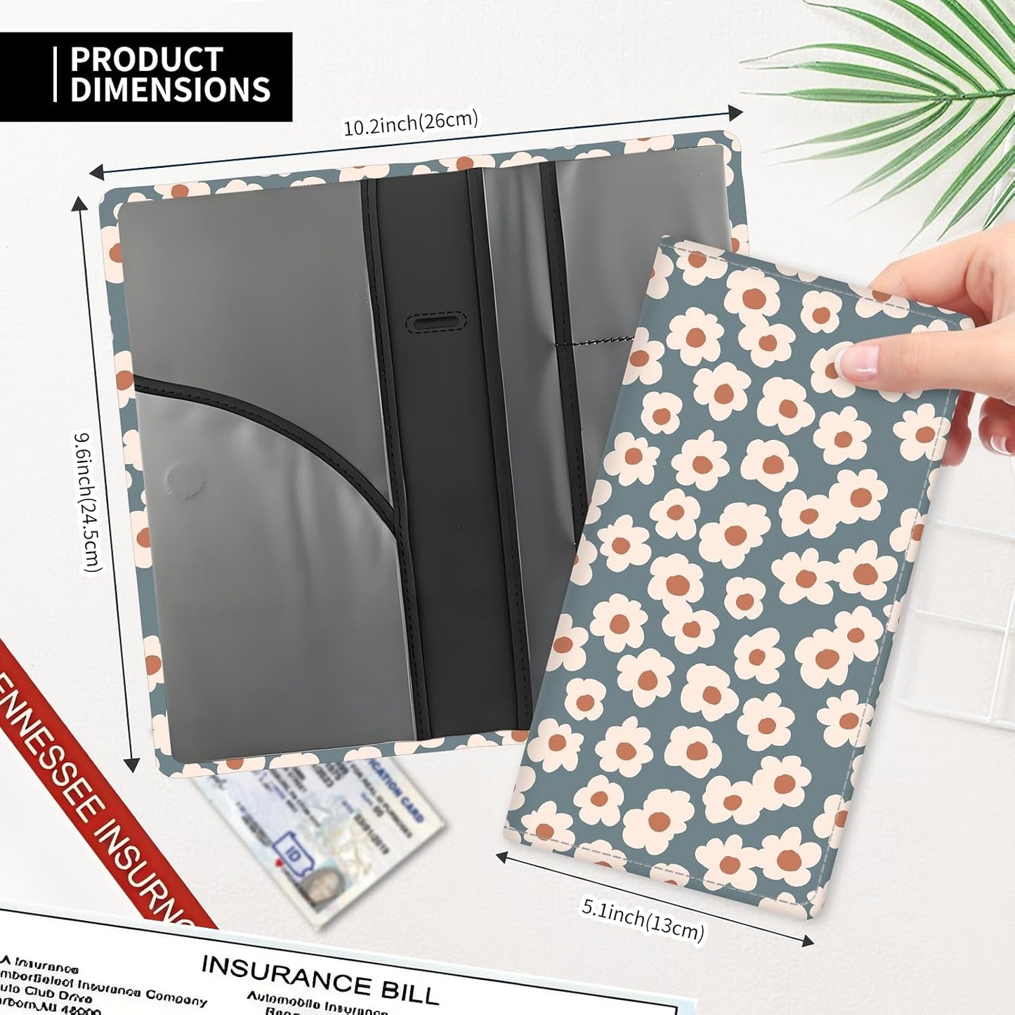 Leather Car Registration and Insurance Card Holder, Cute Car Accessories Vehicle Glove Box Car Organizer for Documents, Cards, License Grey Cute Flowers