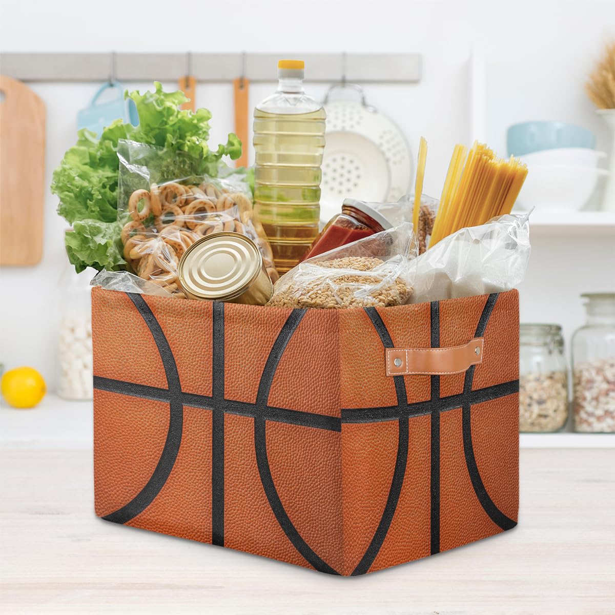 Basketball Texture Storage Baskets for Organizing, Fabric Collapsible Storage Bins Box Sport Pattern Decorative Toy Organizer Baskets for Closet Shelves Gift Basket 1 Pc