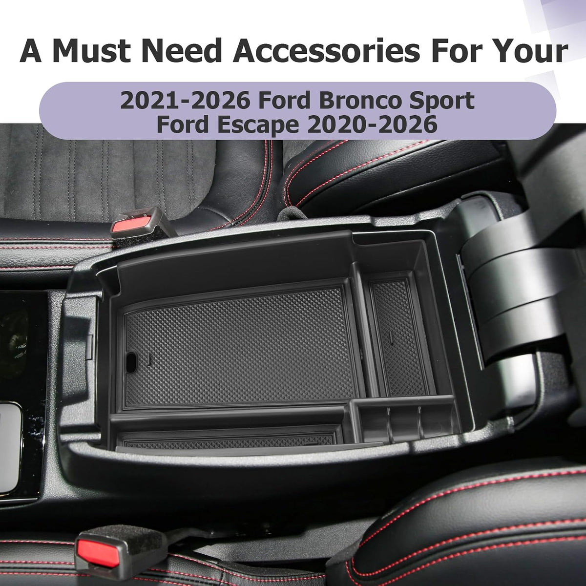LUWU Center Console Organizer Compatible with Ford Escape 2020-2026/Bronco Sport 2021-2025 Accessories Armrest Console Storage Box Insert Tray ABS Material Black Coin Container Black