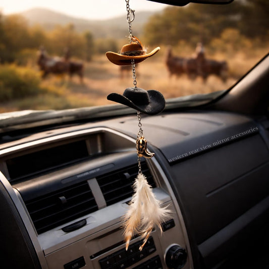 Western Car Accessories for Women-& Men Ranch Vibes Twin Hat Charm with Adjustable Length, Western Rear View Mirror Accessories, Sturdy Chain.