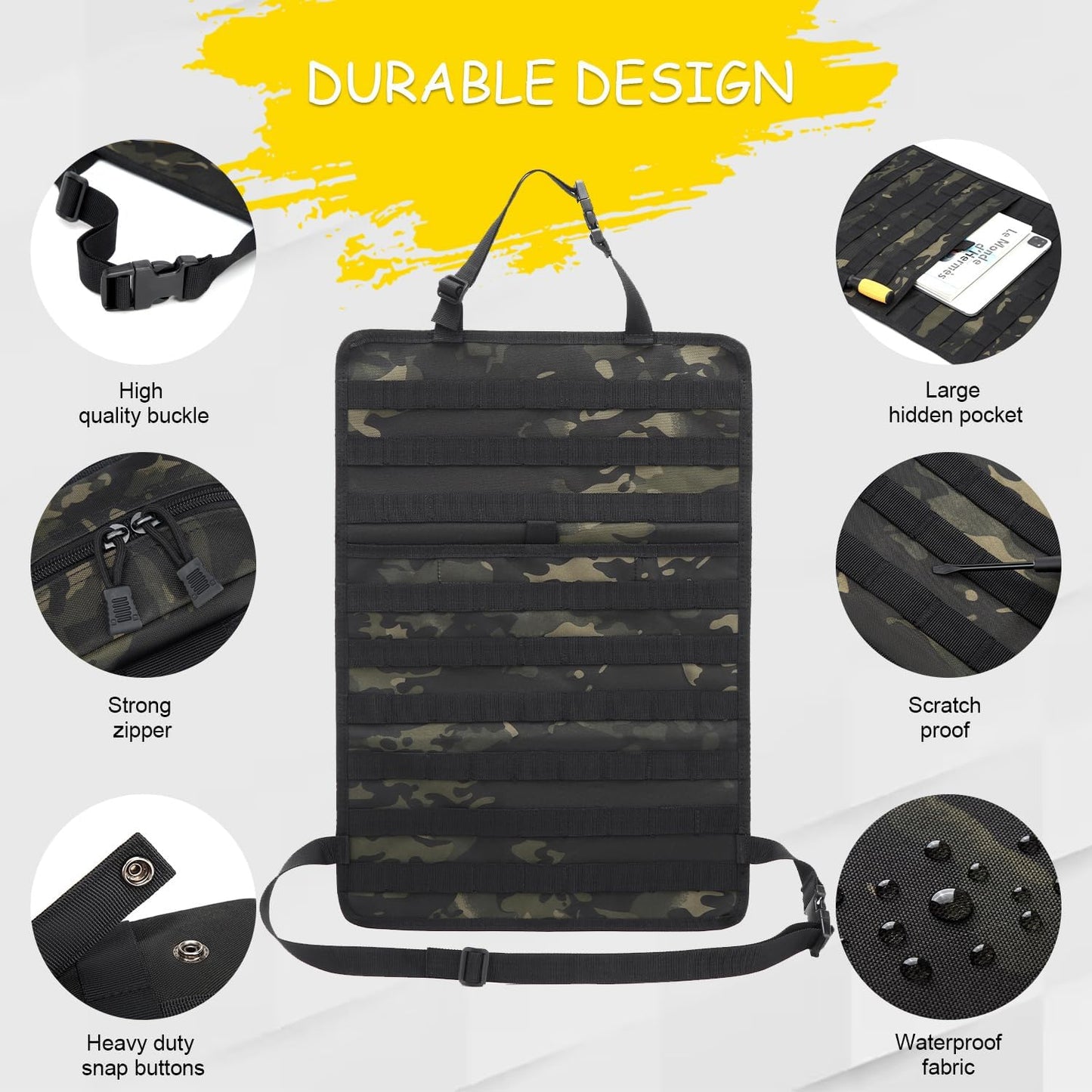 Tactical Car Seat Back Organizer, 2025 Upgrade Tactical Vehicle Panel Organizer with 5 Detachable Molle Pouch for Car Truck Ford Jeep Vehicle (Dark CM)