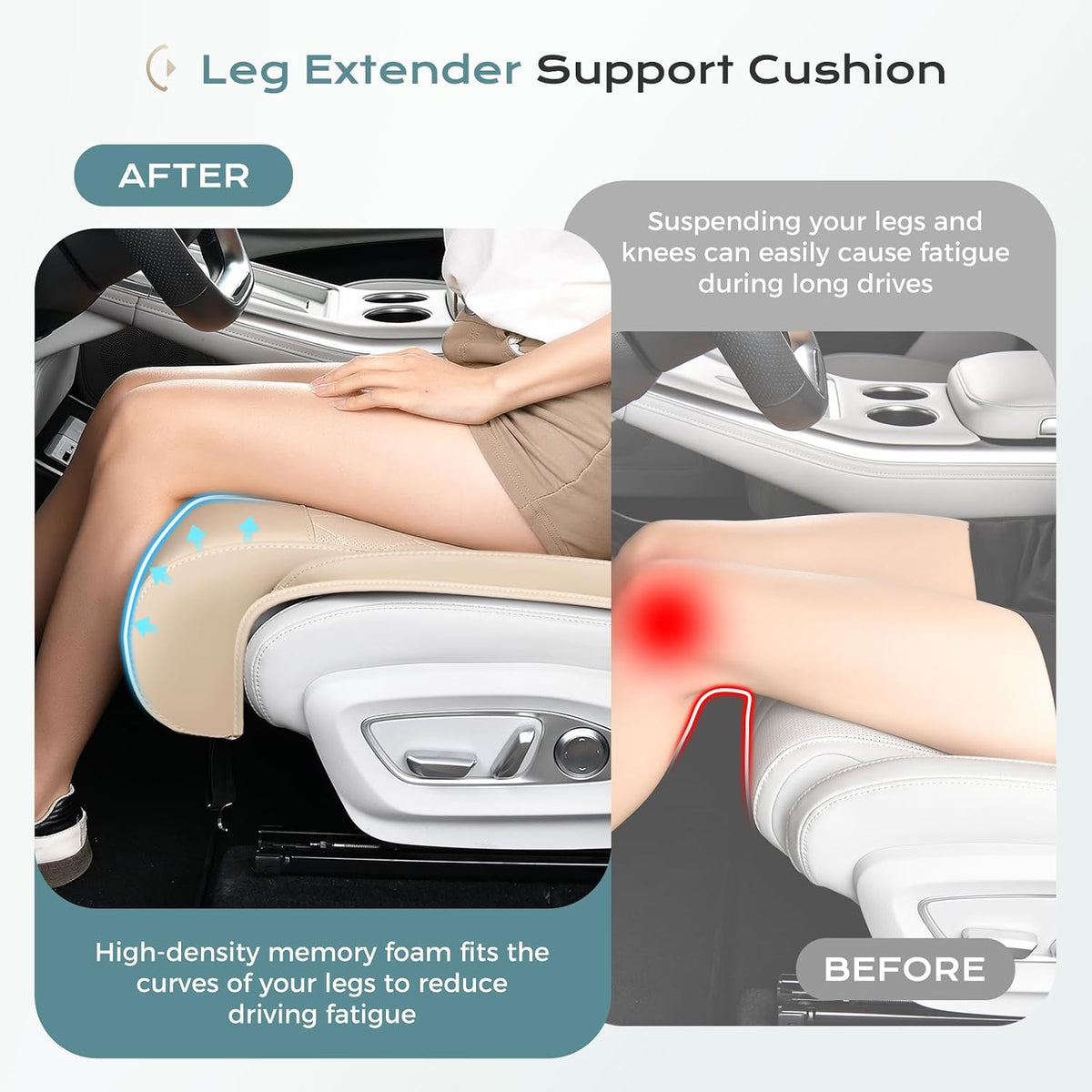 Coverado Car Seat Leg Extender Support Cushion, Leg Rest Cushion for Driver Seat, Universal Car Seat Leg Support, Leather Car Seat Cushion, Waterproof Leg Extension Pad for Long Driving (Update,Beige)