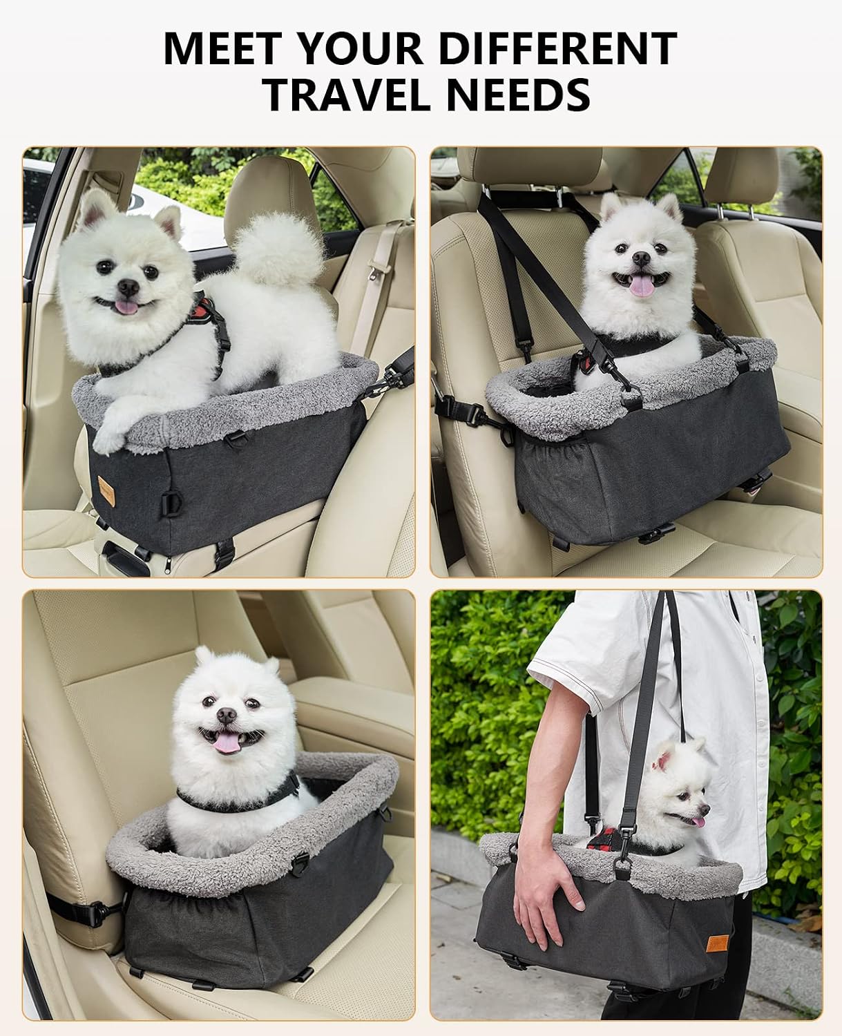 BurgeonNest Center Console Dog Car Seat for Small Dogs up to 9lbs - Sturdy Metal Frame Anti-Collapse Pet Booster Seat for Car Armrest, Dual Safety Belts & Washable Cushion, Grey