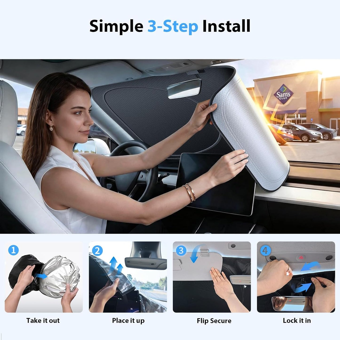 2026 Custom Fit Windshield Sunshade for Tesla Model Y, Superior UV & Heat Block, Cooling Fabric, Durable Foldable with Bag, Fits 2020-2026 Juniper