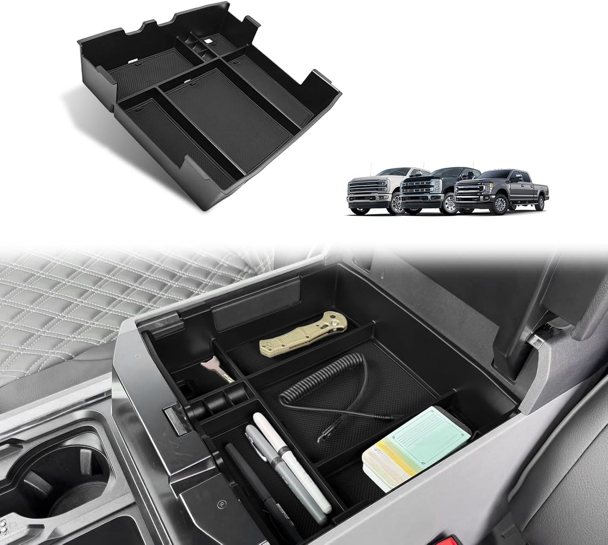 Muslogy Center Console Organizer Tray for 2023-2026 F250/F350/F450/F550 Super Duty Accessories Storage Box Divider, Fit for Ford OEM Tray, W/Black PVC Mats, Bucket Seats Only, Not for Work Surface