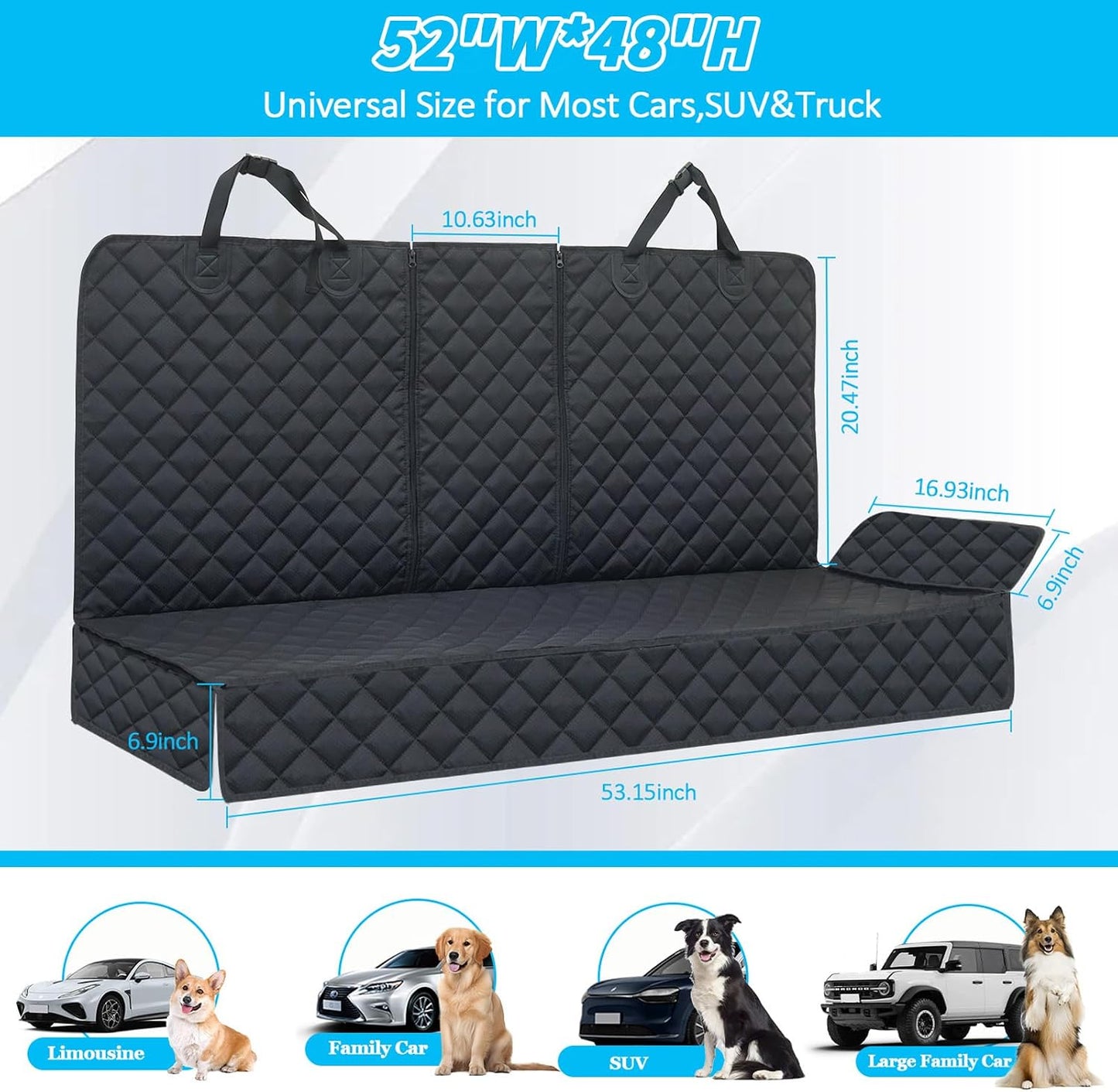 Dog Car Seat Cover for Back Seat Pet Cover for Dogs Waterproof Car Seat Protector Bench Seat Cover, Scratchproof Nonslip Durable Car Seat Covers for SUV,Truck &Cars (Standard Size:52W*48L)