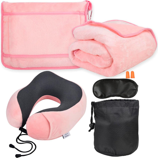 Travel Blanket and Pillow Set - Travel Neck Pillow & Blanket for Airplane, Thick Fleece Blankets Campact with Bag, Memory Foam Neck Pillows, Sleep Mask, Earplugs for Plane Traveling Essentials, Pink