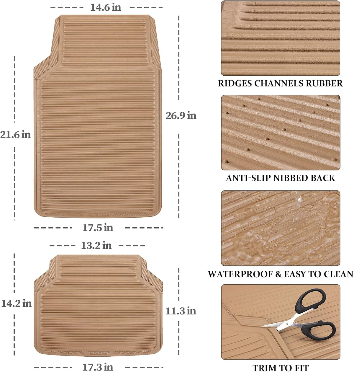 CAR PASS Rubber Floor Mats - All Weather, Full Set 4-Piece, Waterproof Automotive Mats Trim to Fit Most Cars, Sedans, SUVs, Vans - Heavy Duty Anti-Slip Easy Clean, All Beige