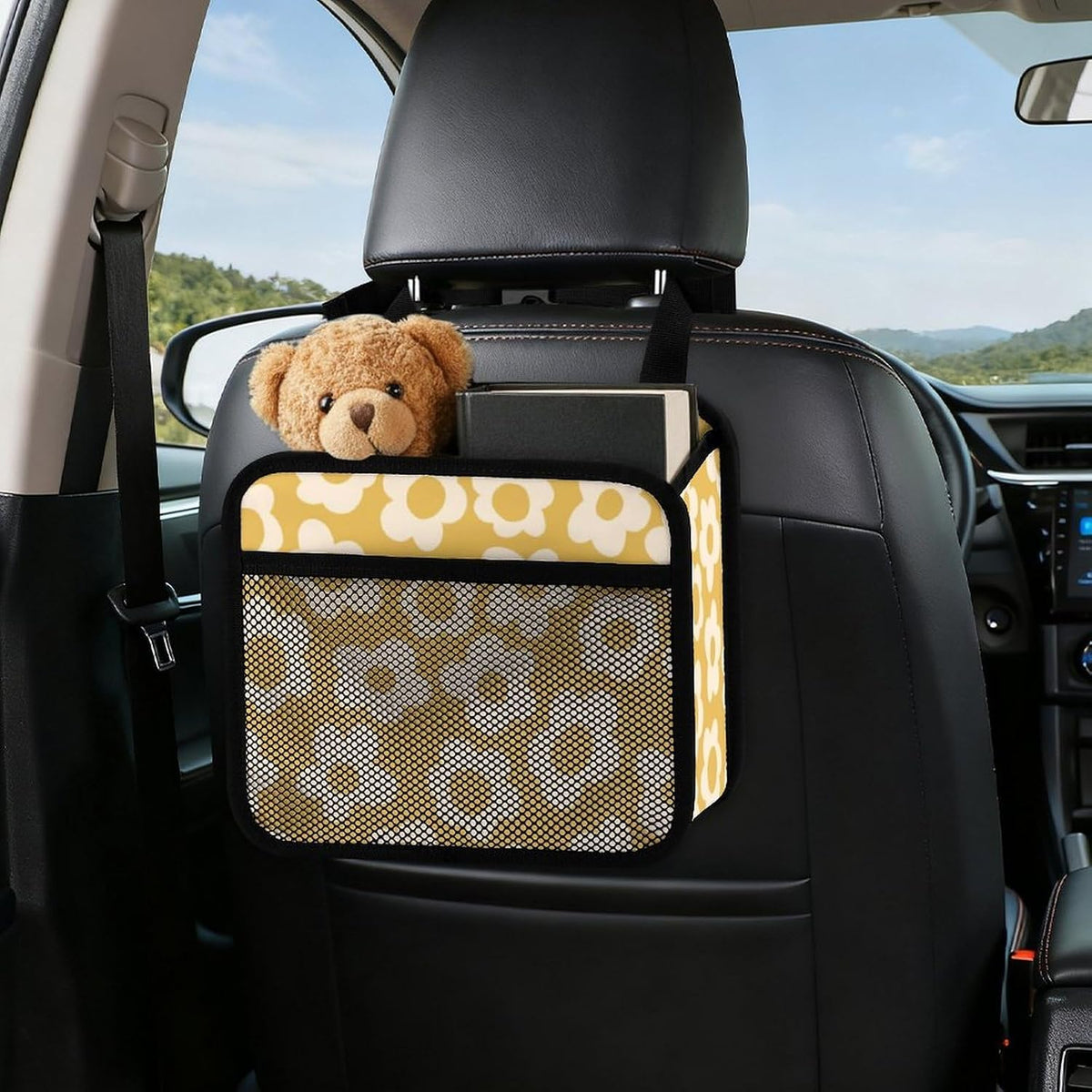 Car Backseat Organizer - Cute Aesthetic Car Storage Bin with Mesh Pocket & Reinforced Base - Universal Fit Hanging Seat Back Accessories for Women (Yellow)