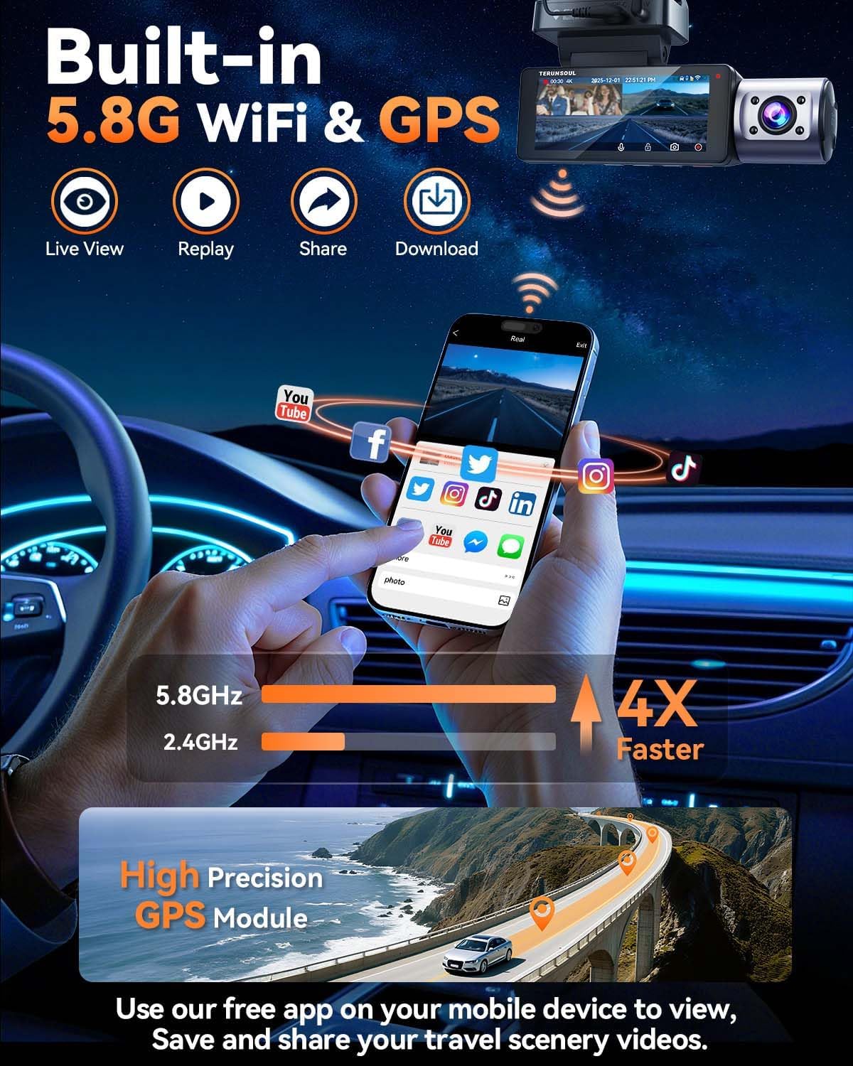 4K Dash Cam Front and Rear, Full HD 3 Channel Dashcam, Free 128GB Card