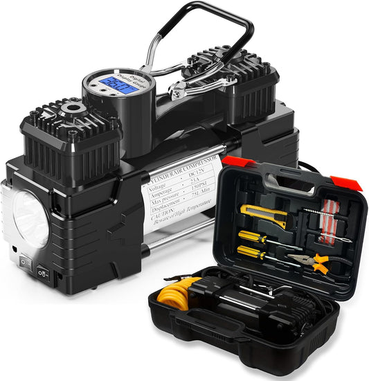 12V Dual Cylinder Tire Inflator with Digital Gauge Repair Tool Kit