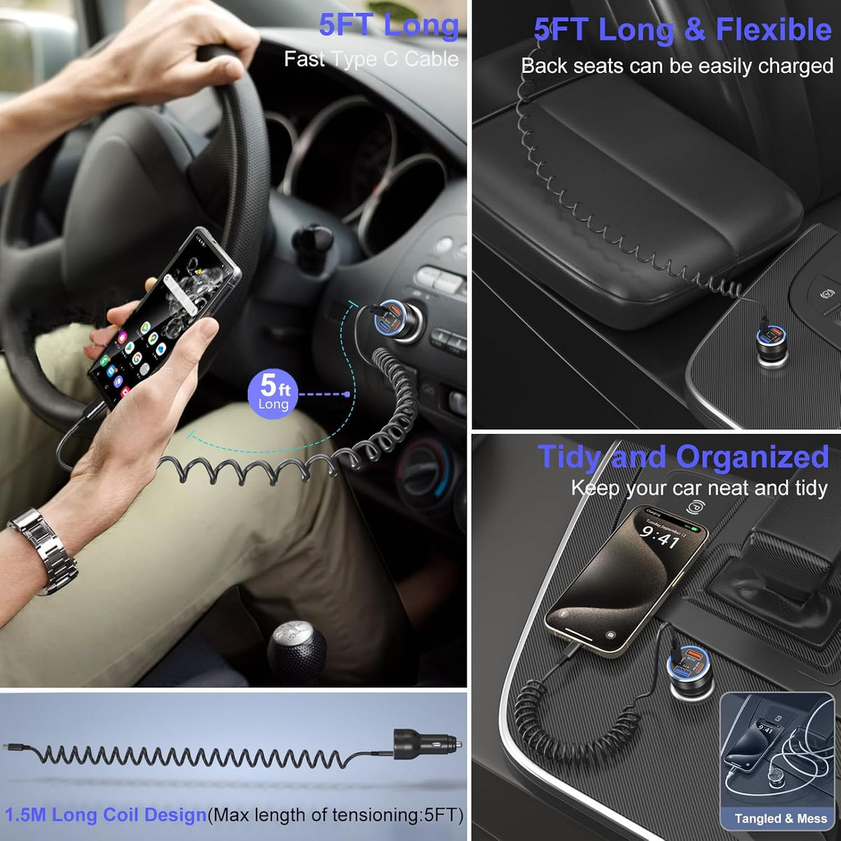 USB C Car Charger, 65W 4-Port Super Fast Charging Cigarette Lighter Adapter