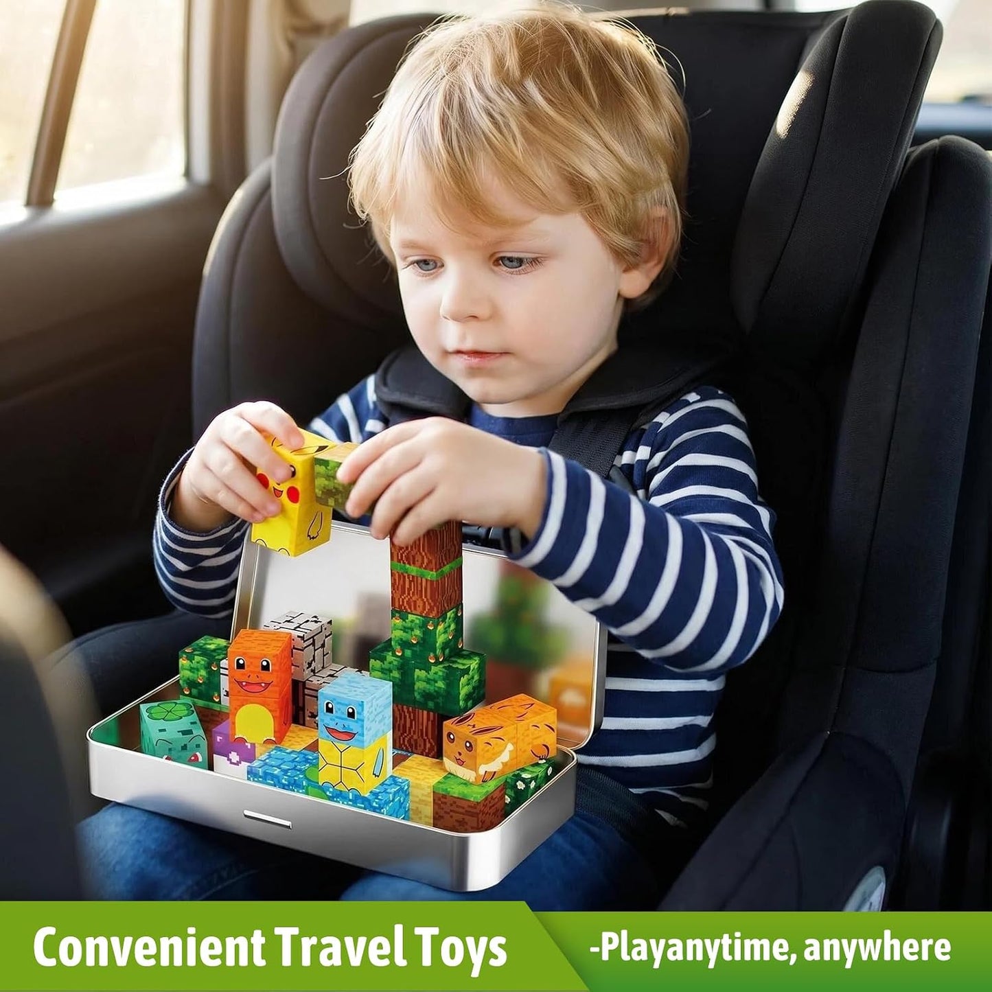Mini Magnetic Blocks Pet Travel Toys, 35 PCS Magnetic Building Cubes with Metal Storage Case for Kids Ages 3-8, STEM Montessori Construction Toys for Toddlers, Airplane & Car Ride Essentials
