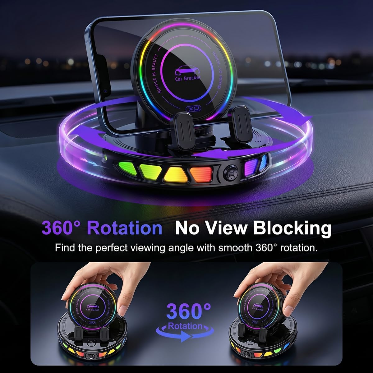 Wireless Car Charger Dashboard Phone Holder,15W Fast Charging One-Hand Operation Rotatable Bracket with RGB Light,Anti-Slip Navigation Mount with Strong Suction Cup, for Most Smart Phone