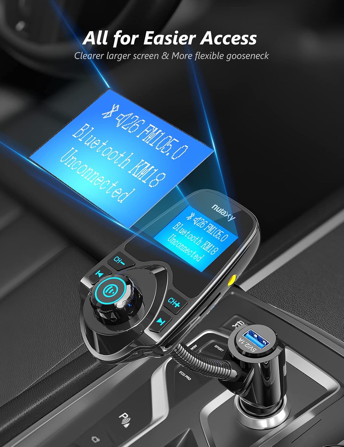 Nulaxy Bluetooth 5.4 Car Adapter FM Transmitter with 1.44" LCD Screen Black
