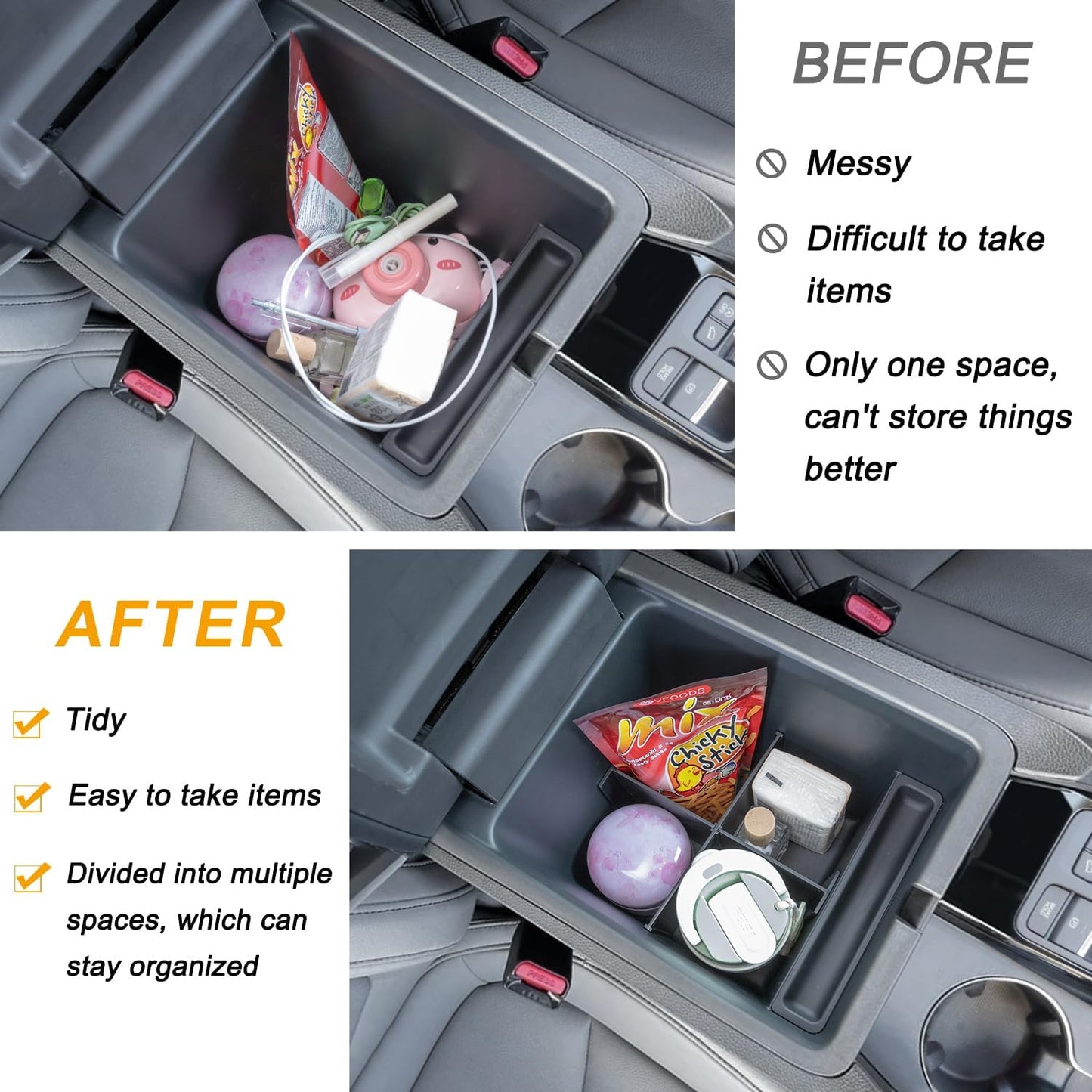 PIMCAR 2-Piece Center Console Organizer & Armrest Divider Set for 2023-2026 Honda Pilot, 2024-2026 Honda Passport/Ridgeline, Custom Fit Durable ABS Plastic Storage Tray