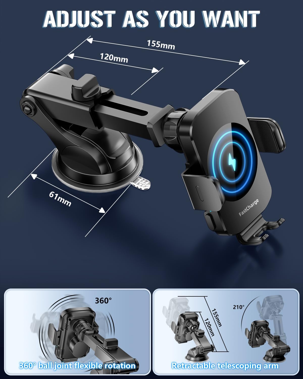 BothLin 3-in-1 Wireless Car Charger Mount, 15W Fast Charging Auto-Clamping Phone Holder for iPhone 17 16 15 14, Samsung Galaxy S24 S23, Dashboard, Vent & Windshield Car Mount