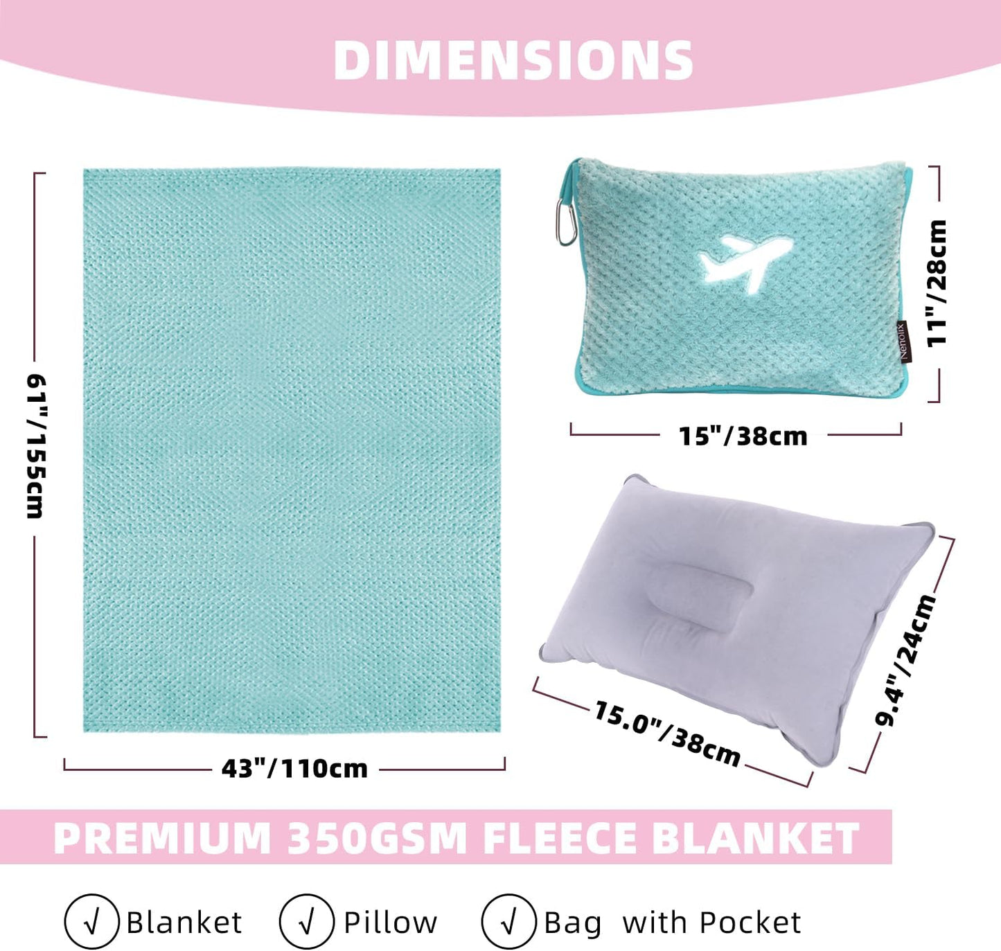 3 in 1 Travel Blanket Pillow Set - 350 GSM Thick Travel Blanket Airplane Compact with Bag, Soft Bag with a Pocket, Inflatable Travel Pillow for Camping & Car Trip(Mint Green)