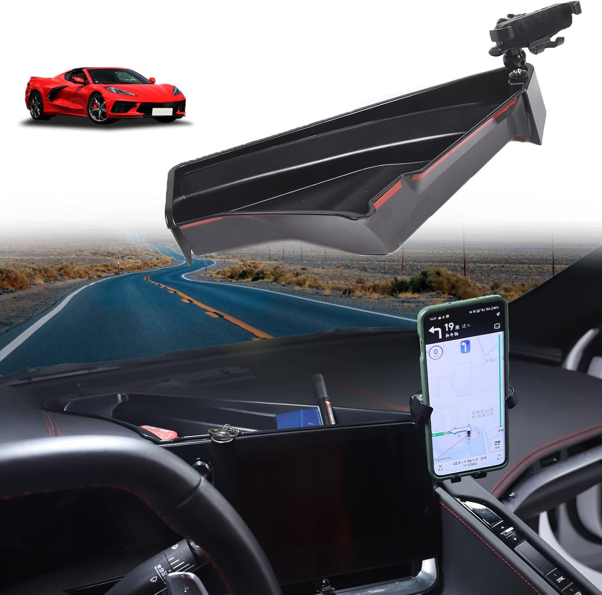 for Corvette C8 Center Console Tray Phone Holder Mount Organizer,360 Degree Rotatable Phone Holder Stand Navigation Screen Rear Storage Box Organizer Tray for Corvette C8 2020-2024 2025 (D)