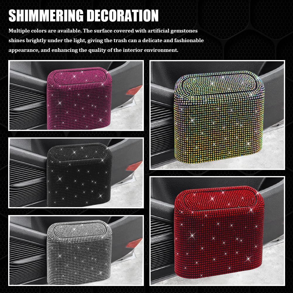 Bling Car Trash Can with Lid, Sparkly Rhinestone Auto Hanging Dustbin, Leakproof Plastic Auto Flip-Top Trash Bin, Bling Litter Container Organizer Box for Car, Home, Office and More (Pink)