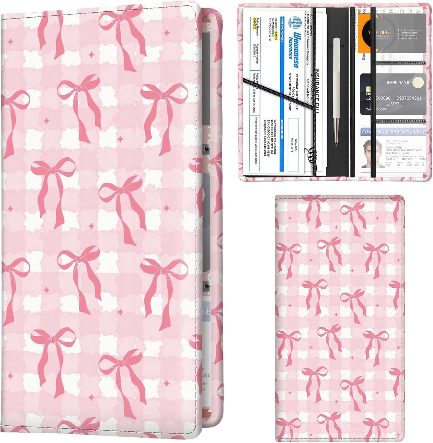 Car Registration and Insurance Holder with Magnetic Shut, Cute Vehicle Glove Box Car Organizer, Premium Interior Car Accessories for Women Men Cute Plaid Bowties