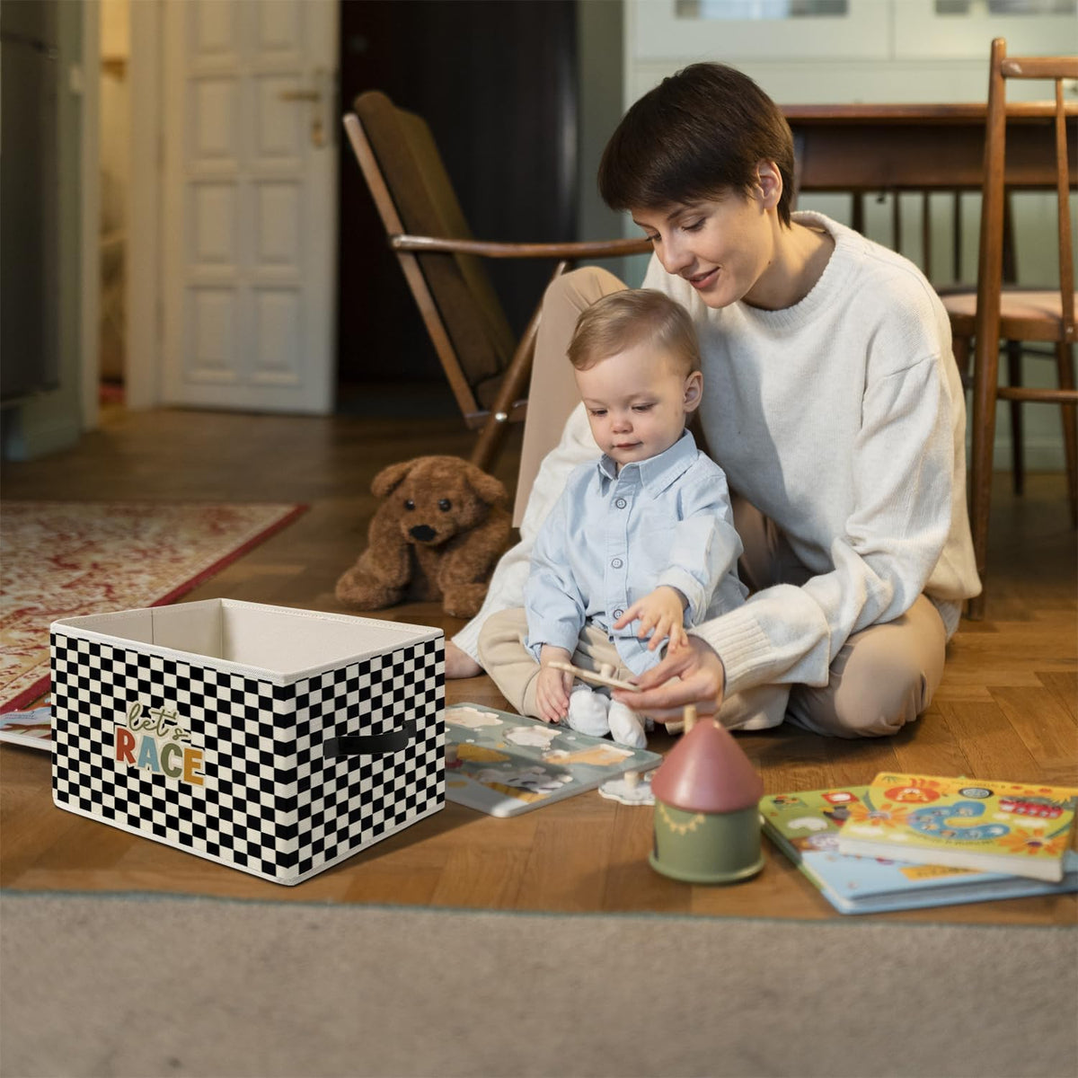 Race Car Room Decor,Playroom Storage Bins Box | Let's Race Checkered Foldable Collapsible Storage Basket Organizer for Kids Boy Nursery Bedroom Toys Books Clothes